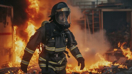 A brave firefighter in full gear battling a blazing fire
