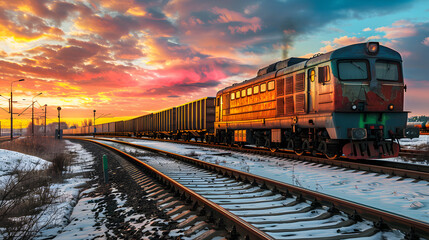 Fototapeta premium A freight train on a railway track transports containers and tanks with fuel. AI Generated