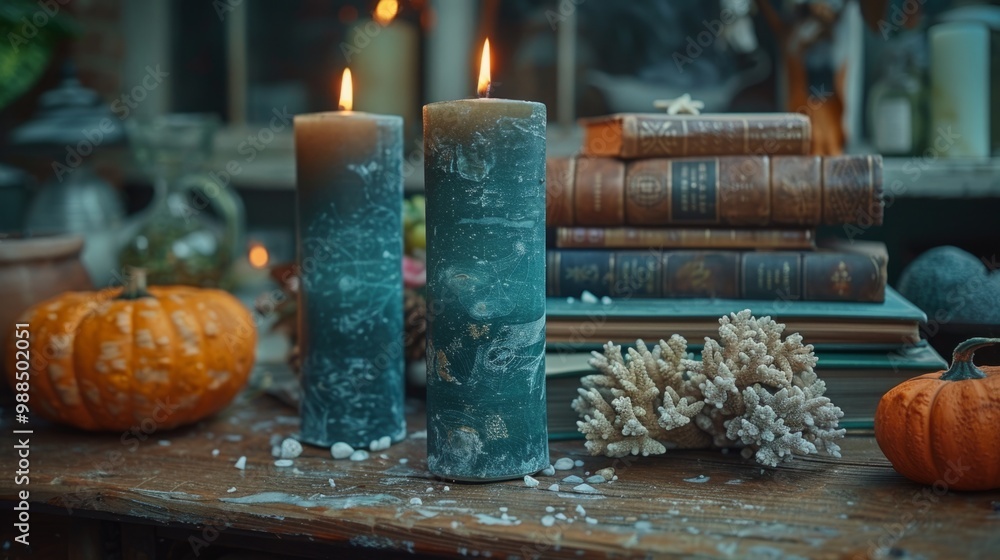 Wall mural a table with two green candles and a pile of books. the candles are lit and the books are stacked on