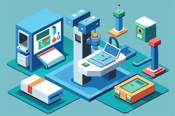 Obraz premium A detailed isometric illustration showcases customizable radiography equipment within a clinical healthcare setting, emphasizing technology and usability.