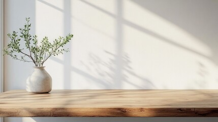 Wooden Tabletop with Greenery and Sunlight Shadows on White Wall