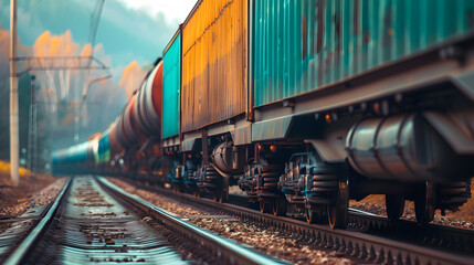 Fototapeta premium A freight train on a railway track transports containers and tanks with fuel. AI Generated