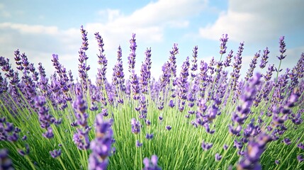 Fototapeta premium A field of lavender flowers in full bloom under a blue sky with white clouds.