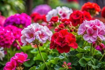 Obraz premium Lush crimson, pink, and white geraniums adorn the garden, adding a vibrant pop of color and a touch