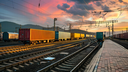 Fototapeta premium A freight train on a railway track transports containers and tanks with fuel. AI Generated