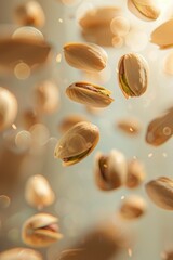 Close-Up of Fresh Pistachios in Mid-Air with a Green Blurred Background and Sunlight