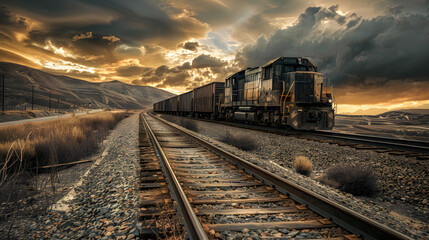 Obraz premium A freight train on a railway track transports containers and tanks with fuel. AI Generated