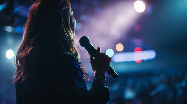 A medium close-up of a woman holding a microphone on stage, confidently delivering a speech, demonstrating the attribute of public speaking.