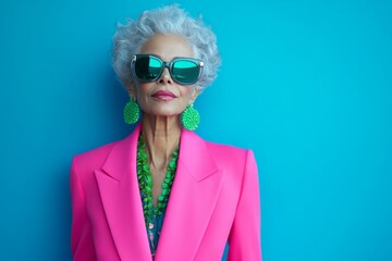A stylish older woman in a vibrant pink blazer stands confidently against a bright blue background. Bold sunglasses add flair. This image embodies modern elegance. Generative AI