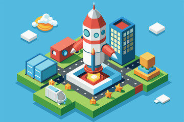 A colorful isometric scene features a rocket preparing for launch amidst buildings, trees, and playful elements in a lively urban environment.