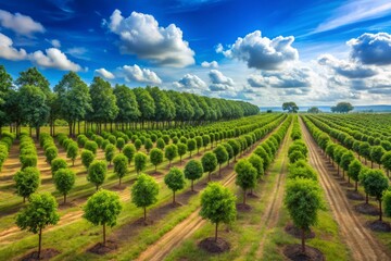 Obraz premium Lush tree plantations stand tall, their leafy canopies rustling softly, a tranquil scene unfolding against a brilliant