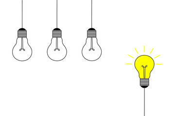 Hanging light bulbs with one glowing on white background. Concept of new idea, problem solving. Vector illustration in flat style. Design for banners, prints, posters