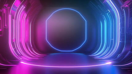 Futuristic neon-lit corridor with circular backdrop