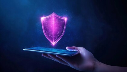 shield icon emerging from a digital tablet. advanced cybersecurity and data protection.smart technology for security and  Cyber Defense, privacy, and digital safeguard.