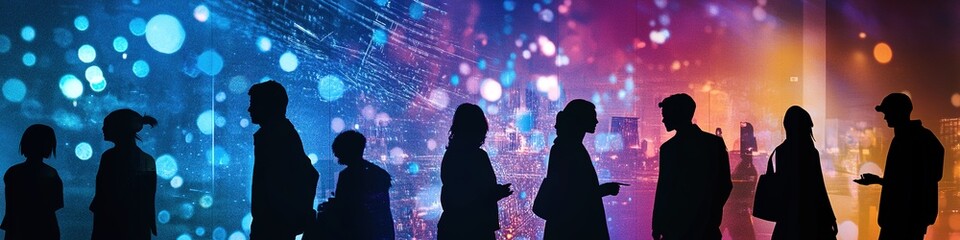 Silhouettes of people on tech-themed backdrop