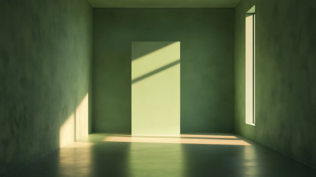 Minimalist green interior with natural light and shadows