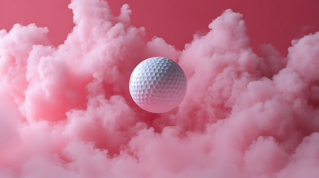 Golf ball floating in pink clouds