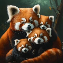 Family of Red Pandas in a Forest Setting