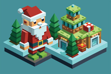 Fototapeta premium A festive isometric design featuring Santa Claus alongside a Christmas tree and gift, set against a vibrant pastel background, perfect for holiday themes.