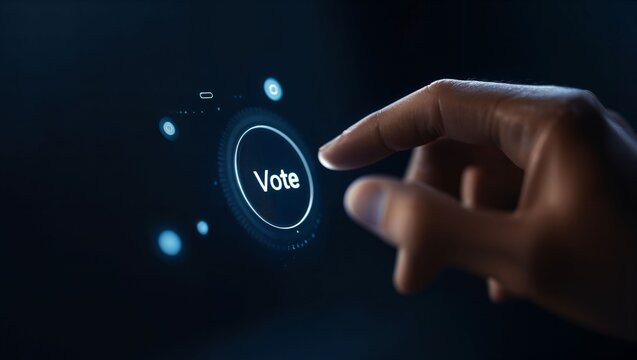 A hand poised to press the 'Vote' button on a sleek touchscreen presents a moment of engagement, reflecting the critical act of voting in modern democracy's digital age.