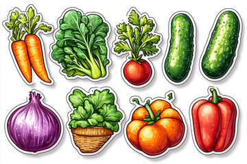 A collection of colorful vegetables like carrots, tomatoes, and cucumbers, arranged in a playful, cartoonish style.