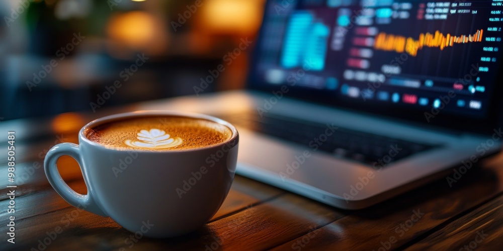 Poster coffee cup on a workspace, blurred computer screen displaying financial data, inviting atmosphere, f