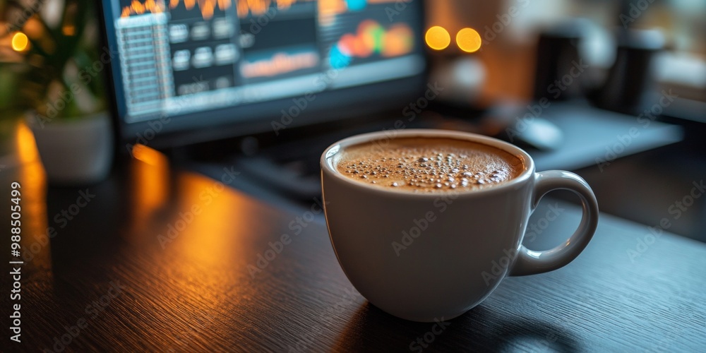 Poster coffee cup on a tidy workspace, blurred computer screen displaying financial data analysis, inviting