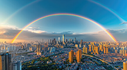 Naklejka premium A vibrant cityscape under a clear blue sky, with a perfect rainbow arching over the city.