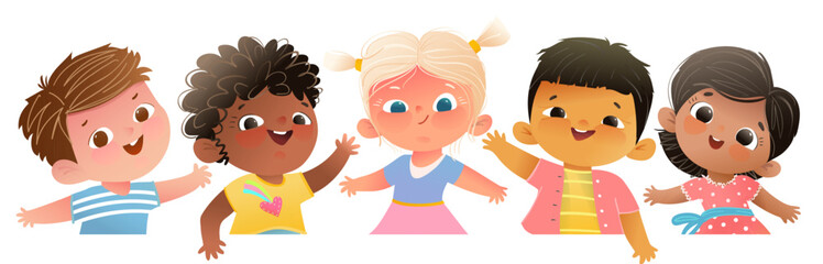 Children multiracial group waving and greeting, happy school children. Multicultural kids in line illustration for school or kindergarten design. Kids character cartoon vector isolated border clipart.