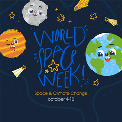 World Space Week. illustration with cute planets, stars in cosmos. October 4-10. 