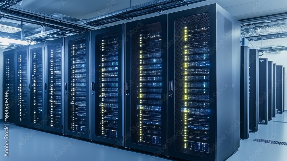 Poster modern data center with rows of server racks, network equipment, and bright flashing lights.