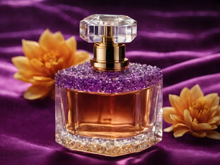 Perfume bottle surrounded by sparkling gemstones on a deep purple velvet background