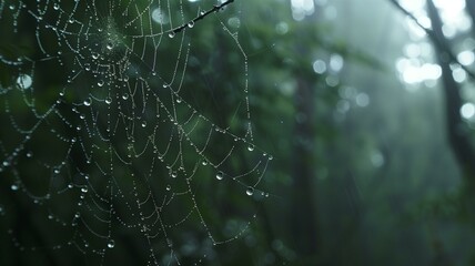 Close-up of spider webs adorned with morning dew in soft natural light