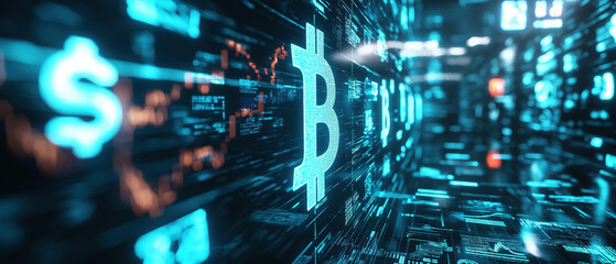 Futuristic digital background showcasing cryptocurrency symbols with a focus on Bitcoin surrounded by glowing data elements.