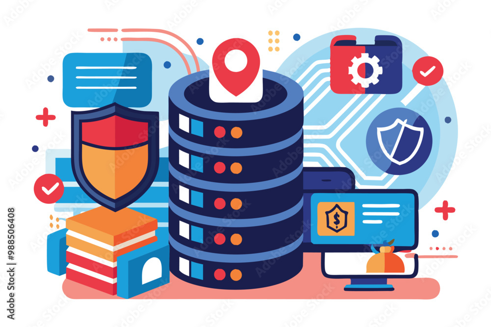 Poster the artwork depicts secure data management with servers, security shields, and configuration icons, 