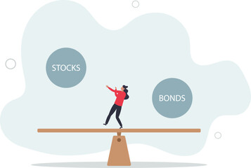 Stocks vs bonds in investment asset allocation, risk assessment portfolio or expected return in long term mutual funds,flat design with people.