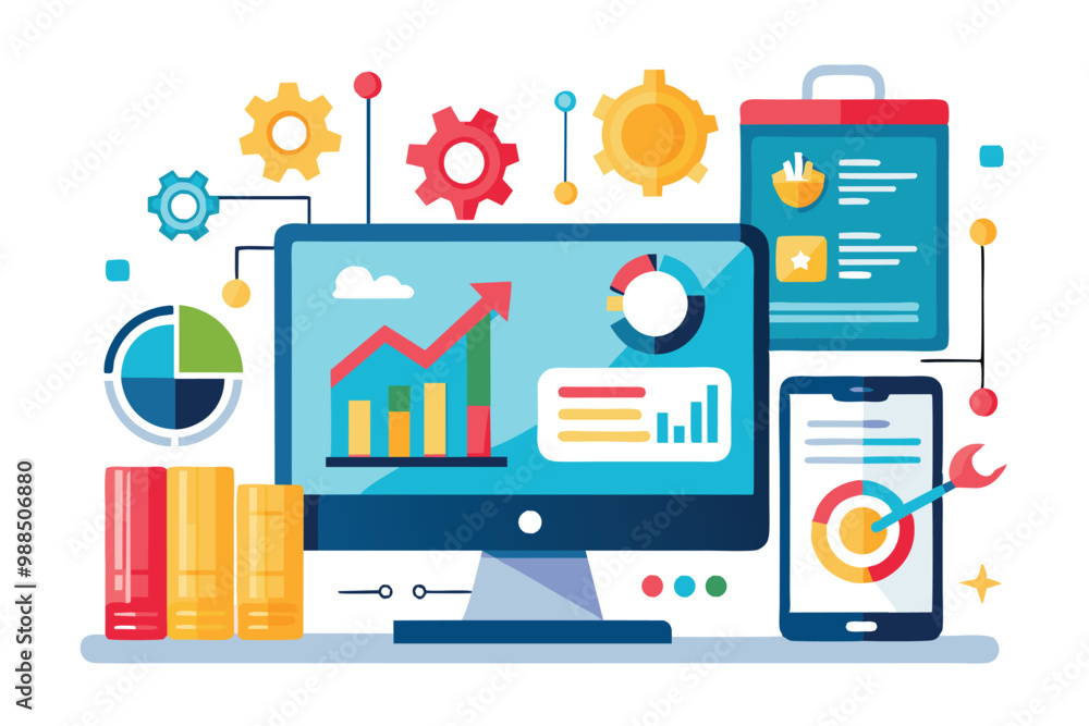 Poster a vibrant digital interface shows analytics trends with charts, gear icons, and a mobile device, ill