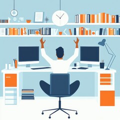 Workstation with dual monitors where a person practices mindfulness