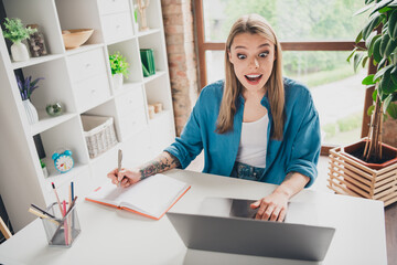 Photo of young shocked girl at her workplace with netbook writing notes during interview colleagues...