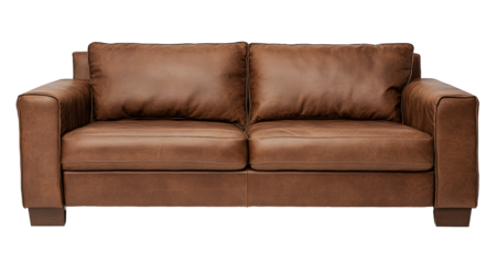 Industrial sofa png mockup brown leather couch living room furniture isolated from background