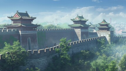 Naklejka premium beautiful anime background of The great wall of china, huge and long