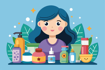 A young woman with blue hair smiles while surrounded by various colorful skincare products, enhancing a vibrant and uplifting atmosphere.