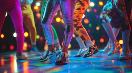 Nogi osób tańczących na parkiecie, ozdobionych kolorowymi światłami. Ich stylowe, błyszczące ubrania oraz oryginalne obuwie oddają ducha disco, przypominając o beztroskich latach 70.