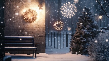 Festive Winter Wonderland with Twinkling Lights and Fireworks