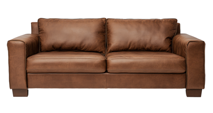 Industrial sofa png mockup brown leather couch living room furniture isolated from background