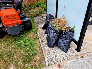 raking leaves on piles. the leaves are taken to a composting plant or to a community composter....