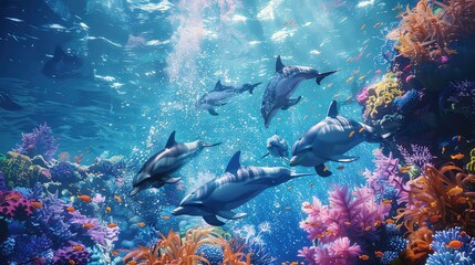 Fototapeta premium The image shows a group of dolphins swimming through a colorful coral reef.
