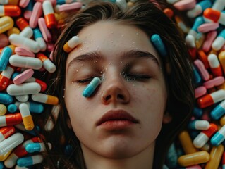 Obraz premium Woman with closed eyes, lying among pills symbolizing the pharmaceutical industry and its impacts on health.