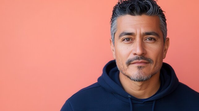 Confident hispanic man posing on pink background