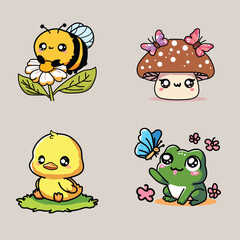 4 kinds of animal illustrations with sparkling eyes